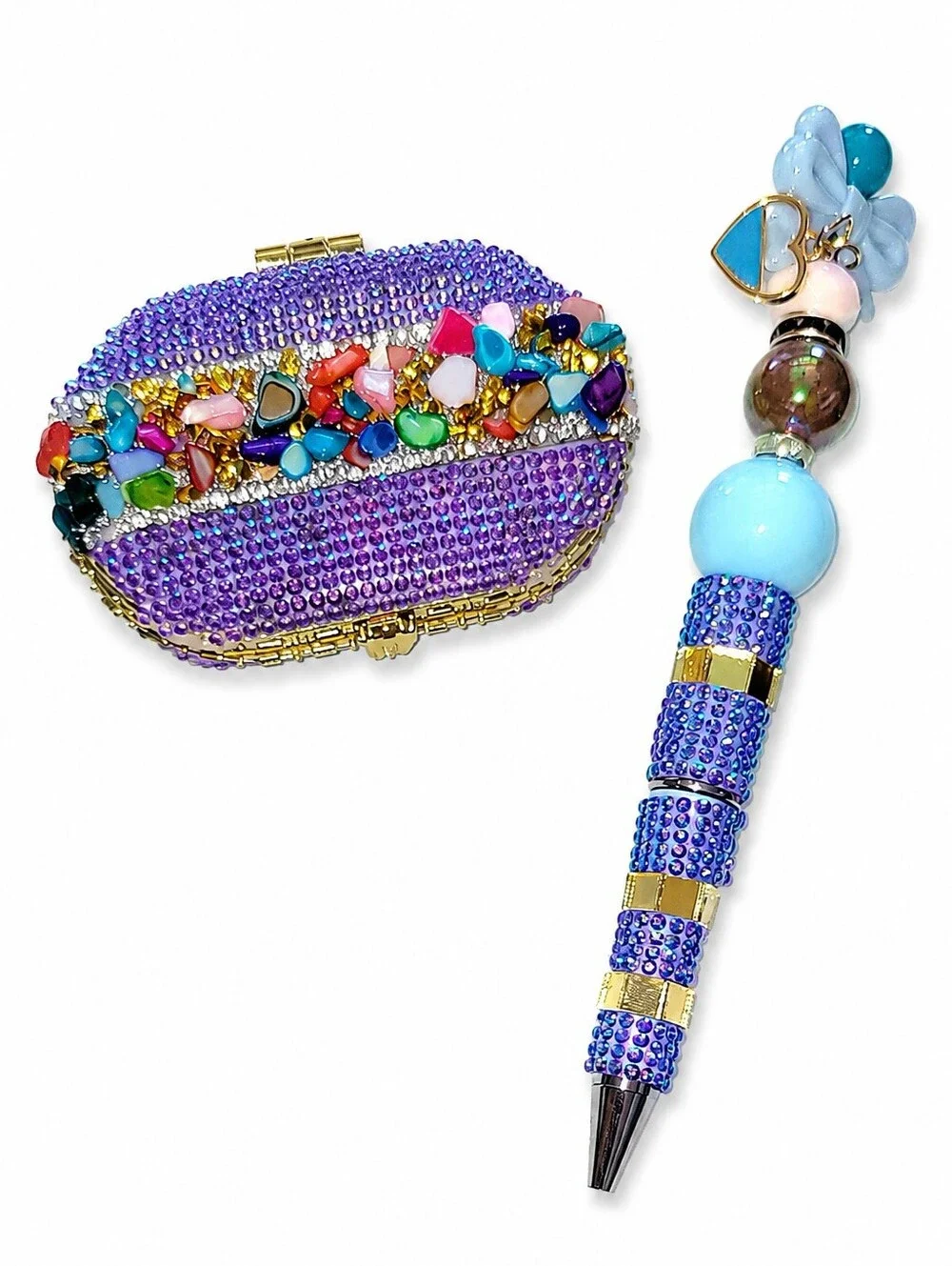 Handcrafted Rhinestone Compact Mirror & Beaded Pen Gift Set Purple Blue Sparkle